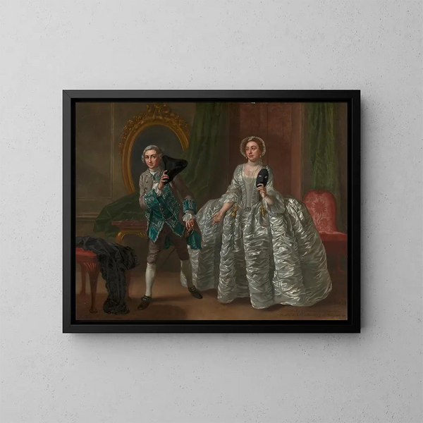 David Garrickin ja Mme Pritchardin maalaus Benjamin Hoadlyn Le Mari suspicieux - Francis Hayman — kehystetty taideteos seinällä