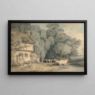 Francis Wheatley - Country Scene Figures by a Cottage Door and Cattle in a Stream.webp