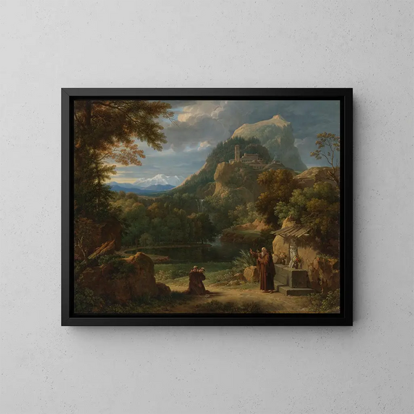 Saint Antoine de Padoue presenting two novices to brothers in a mountainous landscape - François-Xavier Fabre — kehystetty taideteos seinällä