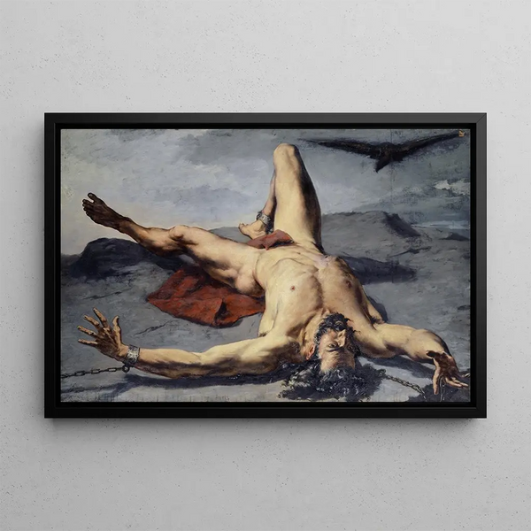 Frank Buchserin Prometheus-hahmon rautaisena kallion päällä - Maalaus — kehystetty taideteos seinällä