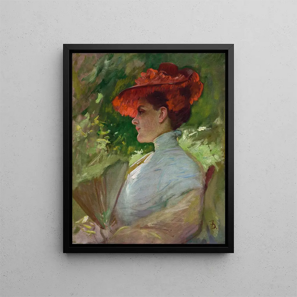 Maggie Wilsonin punaisessa hatussa olevan naisen muotokuvasta - Frank Duveneck — kehystetty taideteos seinällä