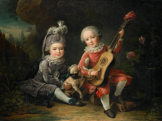 FranoisHubert Drouais - Les Portraits de MM de Bthune jouant avec un chien Portraits of Marquis Bthunes Children Playing with a Dog.webp