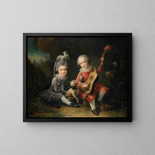 FranoisHubert Drouais - Les Portraits de MM de Bthune jouant avec un chien Portraits of Marquis Bthunes Children Playing with a Dog.webp