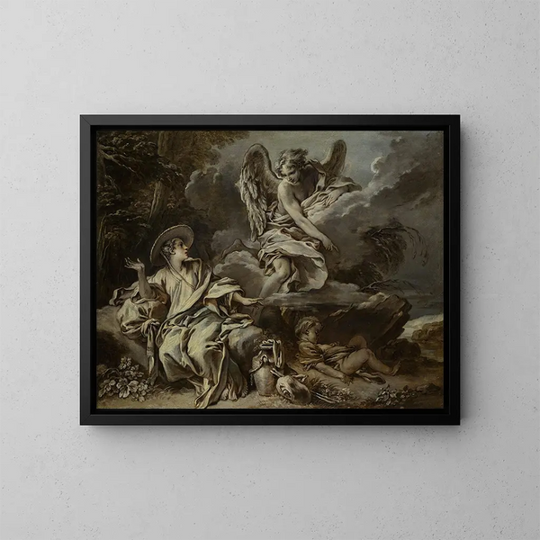 Hagar ja Ismael autiomaassa enkelin kanssa - François Boucher — kehystetty taideteos seinällä