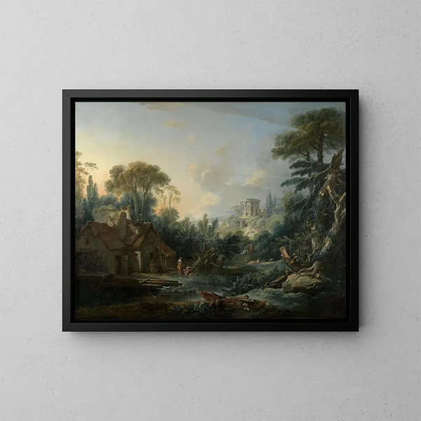 maisemasta vesimyllyn kanssa - François Boucher — kehystetty taideteos seinällä