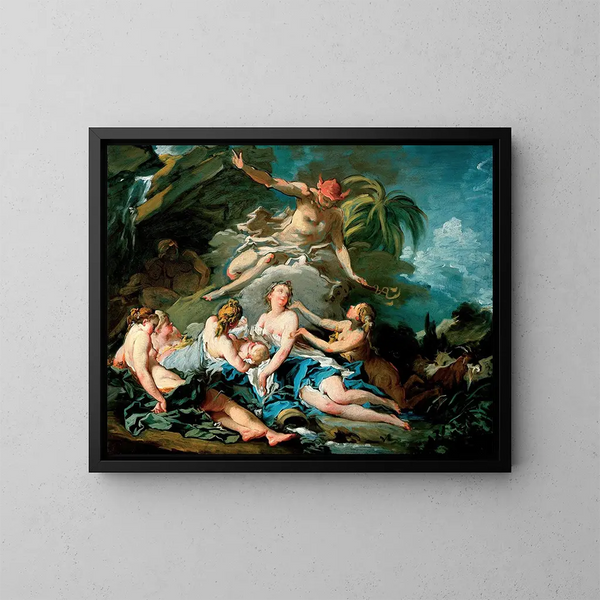 Merkurius luottaa Bacchuksen lapsen Nysan nymfeihin - François Boucher — kehystetty taideteos seinällä