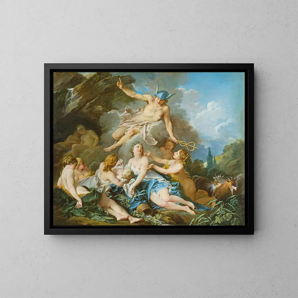 Merkurius luottaa lapsi Bacchukseen nai'peissä - François Boucher — kehystetty taideteos seinällä