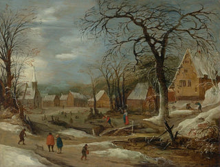 Frans De Momper - A winter landscape with figures by a frozen river in a village.webp