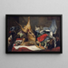 Luonnonkuvaelma kuolleesta riistasta, apina, papukaija ja koira - Frans Snyders — kehystetty taideteos seinällä