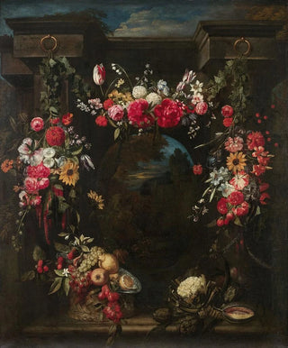 Frans Ykens - Guirlande de fleurs fruits et lgumes entourant un paysage avec un dieu fleuve.webp
