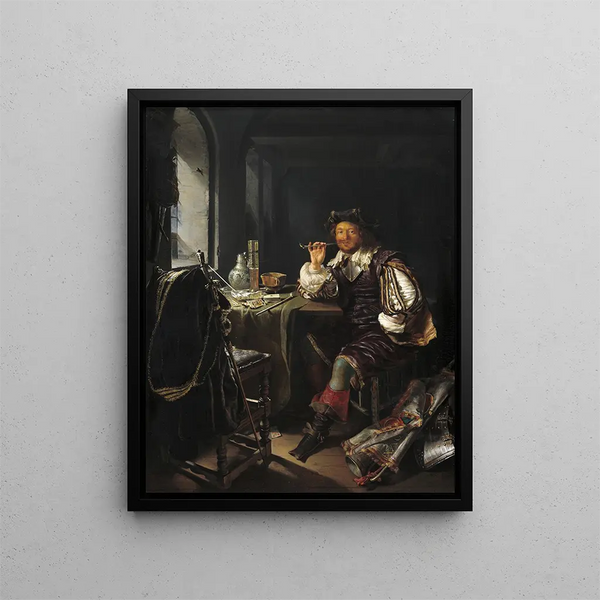 Mies puhaltaa piippua - Frans van Mieris vanhempi — kehystetty taideteos seinällä