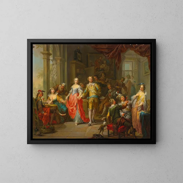 Elegantti seurue, jossa on figuureita soittamassa musiikkia ja juhlimassa sisätiloissa - Franz Christoph Janneck — kehystetty taideteos seinällä