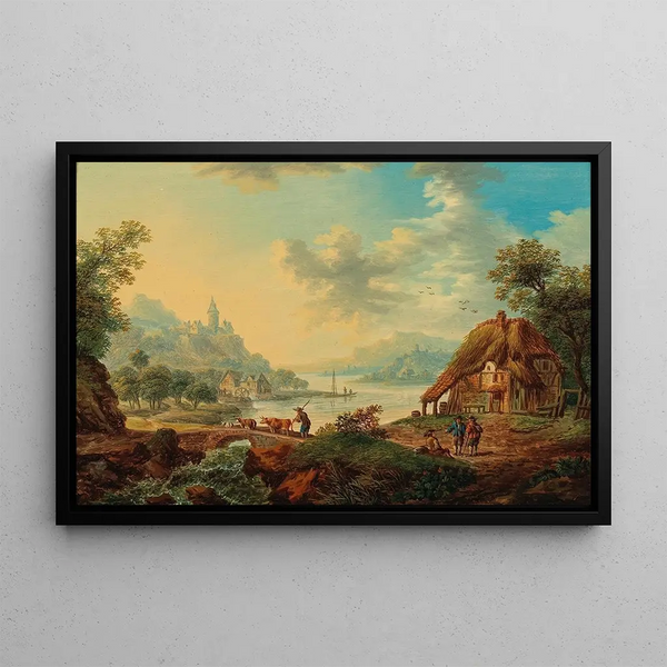 Franz Hochecker - Rhenish river landscape with countryfolk.webp