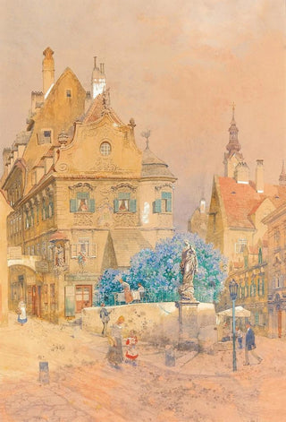 Franz Kopallik - A corner of a street with a lilac bush and the statue of a Madonna.webp