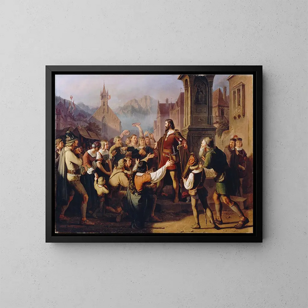 Le duc Frédéric IV déguisé en ménestrel se révèle à ses fidèles Tyroliens en fuyant Constance - Franz Schams — kehystetty taideteos seinällä