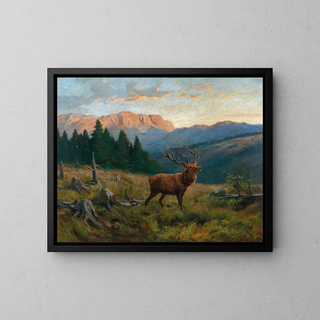 Kuninkaallinen peura auringonlaskussa - Franz Xaver von Pausinger — kehystetty taideteos seinällä