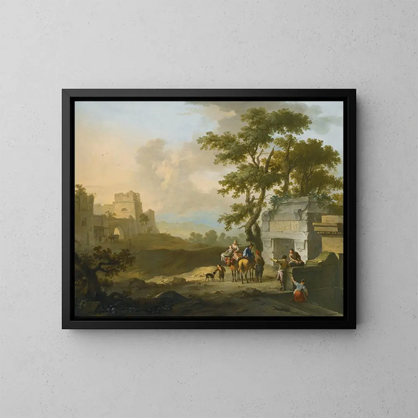 Un paysage à l'italienne avec des figures près de ruines classiques - Franz de Paula Ferg — kehystetty taideteos seinällä