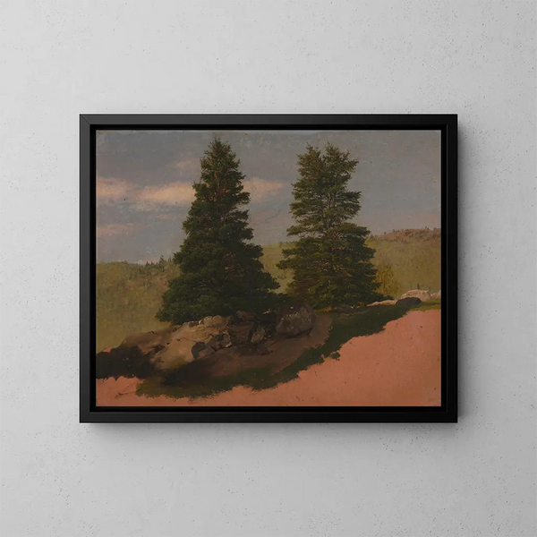 Maisema Uuden-Englannin alueelta kahdella männyllä - Frederic Edwin Church — kehystetty taideteos seinällä