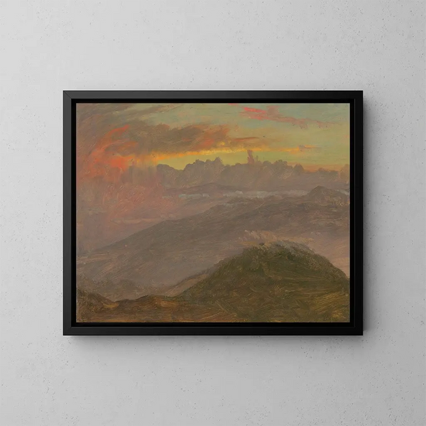 Auringonlasku ja vuoret - Frederic Edwin Church — kehystetty taideteos seinällä