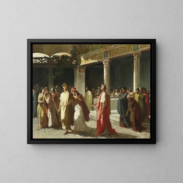 Draama kohtaus sisäpihalla - Frederic Leighton — kehystetty taideteos seinällä