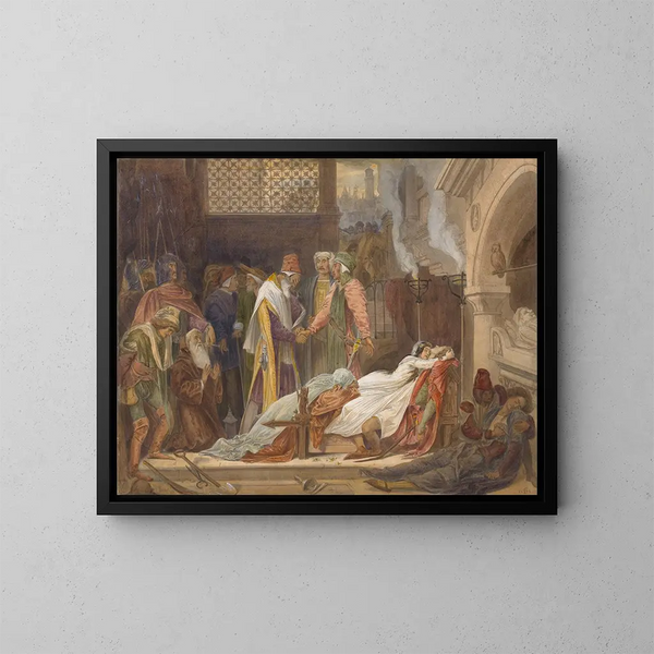 La Réconciliation des Montaigu et des Capulet - Frederic Leighton — kehystetty taideteos seinällä