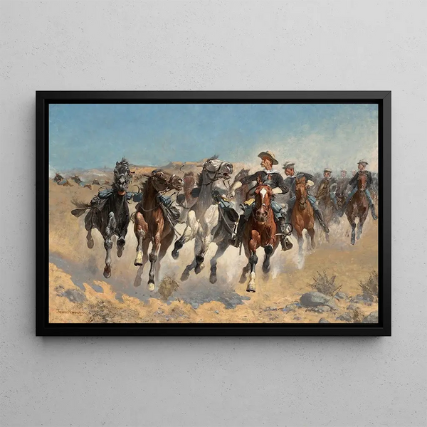 Purkamattomassa maalauksessa neljänneksen ratsastajat siirtämässä hevosia - Frederic Remington — kehystetty taideteos seinällä