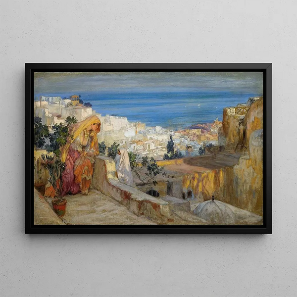 Naisarabiaisten maalaus katolla Algerin näkyessä kauempana - Frederick Arthur Bridgman — kehystetty taideteos seinällä
