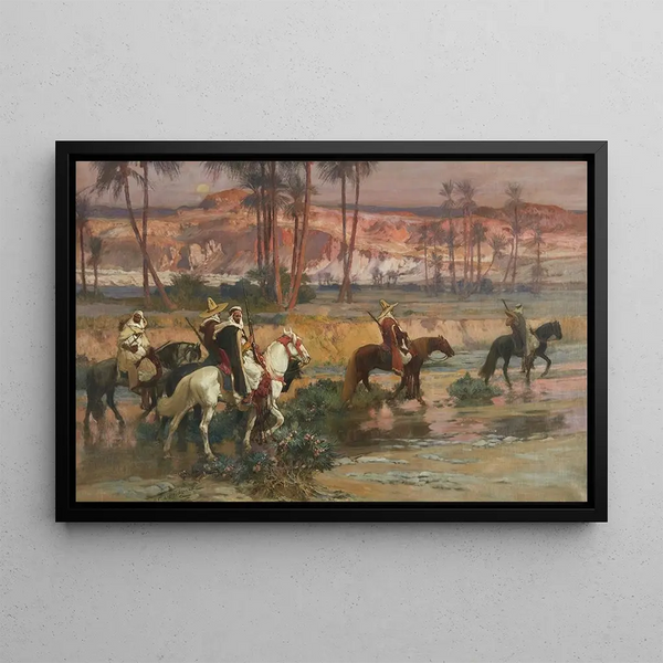 Algerian maalaus, joka ylittää puroa - Frederick Arthur Bridgman — kehystetty taideteos seinällä