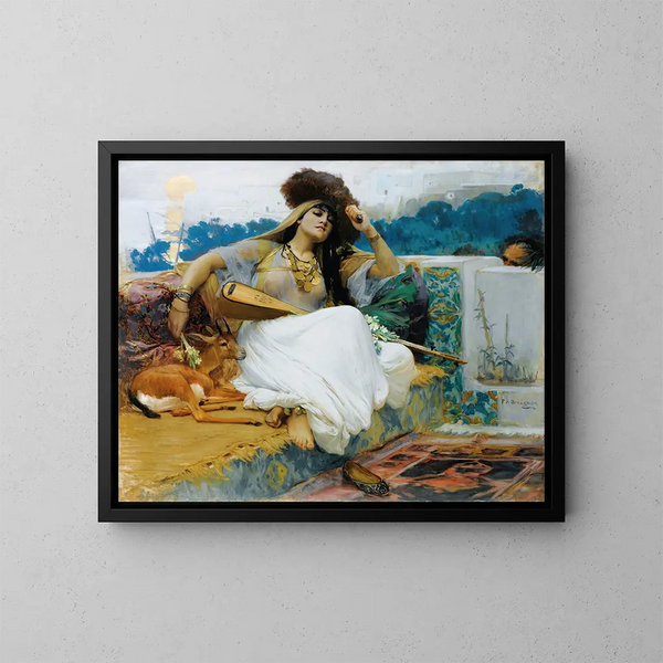 Nuori nainen terassilla - Frederick Arthur Bridgman — kehystetty taideteos seinällä