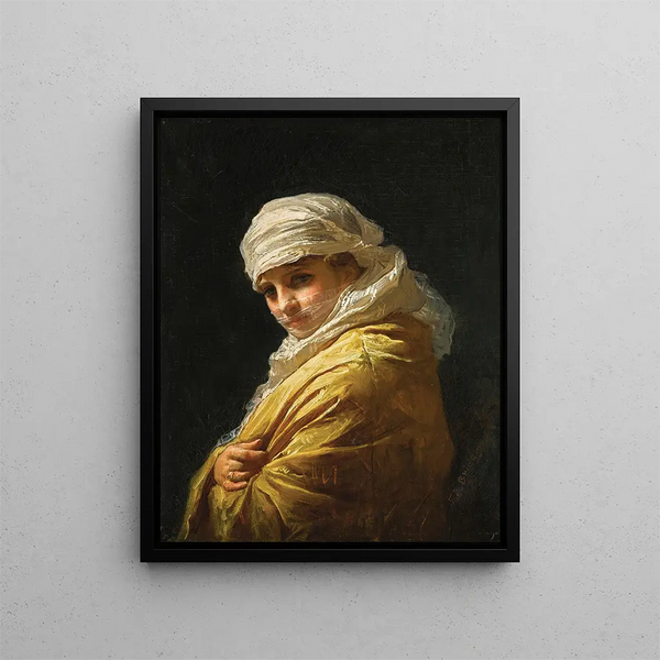 Nuori nainen valkoisessa turbaanissa - Frederick Arthur Bridgman — kehystetty taideteos seinällä