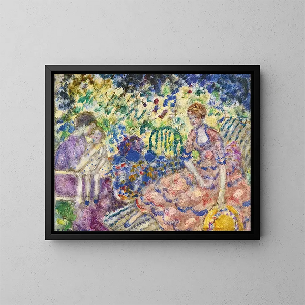 Aamiainen puutarhassa - Frederick Carl Frieseke — kehystetty taideteos seinällä