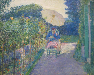 Nainen istuu puutarhassa - Frederick Carl Frieseke — näkymä teoksesta