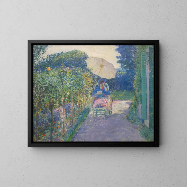 Nainen istuu puutarhassa - Frederick Carl Frieseke — kehystetty taideteos seinällä