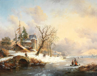 Frederik Marinus Kruseman - Winter landscape with figures near a mansion.webp