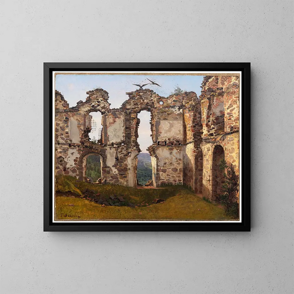 Les ruines de Brahehus près de Jönköping, Suède - Étude - Frederik Sødring — kehystetty taideteos seinällä