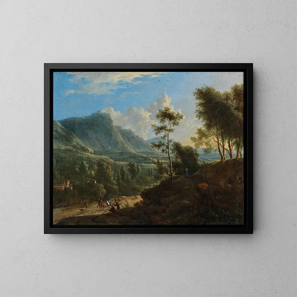 Un paysage à l'italienne avec une compagnie de chasse - Frederik de Moucheron — kehystetty taideteos seinällä