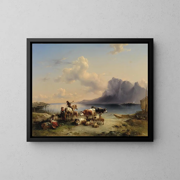 Bergers et bétail au bord du lac Attersee - Friedrich August Matthias Gauermann — kehystetty taideteos seinällä