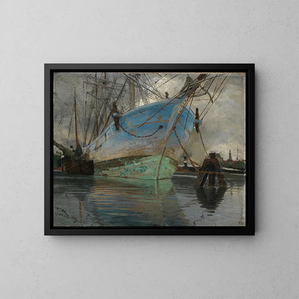 Bateaux dans le port d'Amsterdam - Friedrich Kallmorgen — kehystetty taideteos seinällä