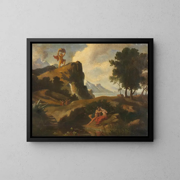 Le cyclope Polyphème jaloux tue Akis, l'amant de la Néréide Galatée, avec un rocher - Friedrich Preller le Jeune — kehystetty taideteos seinällä