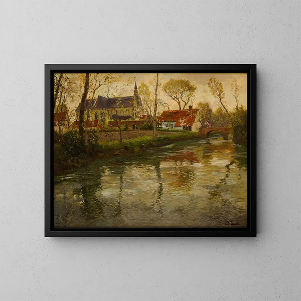 Joki maisema kirkon kanssa - Frits Thaulow — kehystetty taideteos seinällä
