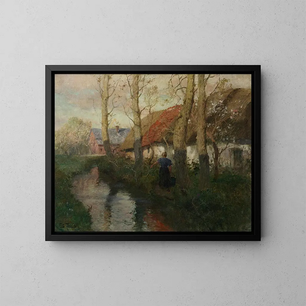 Une rivière en Normandie avec une femme portant de l'eau - Frits Thaulow — kehystetty taideteos seinällä