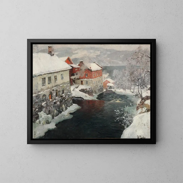 Norjan tehtaanmaalaus, kaksi myllyä Mesma-joella - Frits Thaulow — kehystetty taideteos seinällä