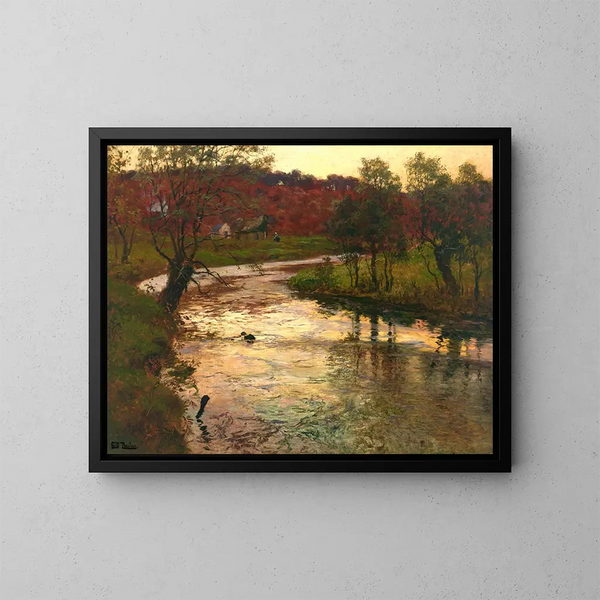 Auringonlasku joen Elle lähellä Quimperiä, Ranska - Frits Thaulow — kehystetty taideteos seinällä