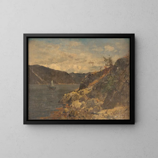 Bateau dans un fjord rocheux - Georg Anton Rasmussen — kehystetty taideteos seinällä