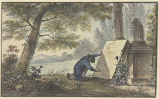Georg Karl Urlaub - Landschaftsmaler beim Malen unter einem Baum bei zwei Sulenfragmenten.webp
