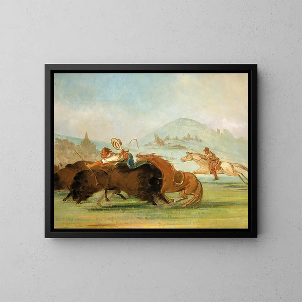Baptiste ja minä juoksemassa Yellowstone-virran puhkumasta puhasta - George Catlin — kehystetty taideteos seinällä