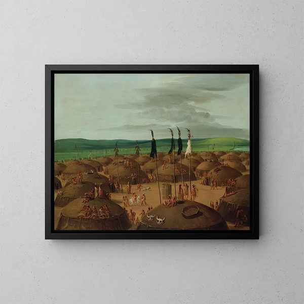 Ilmakuva kaupungista Mandan 1800 mailin päässä Saint-Louisista - George Catlin — kehystetty taideteos seinällä