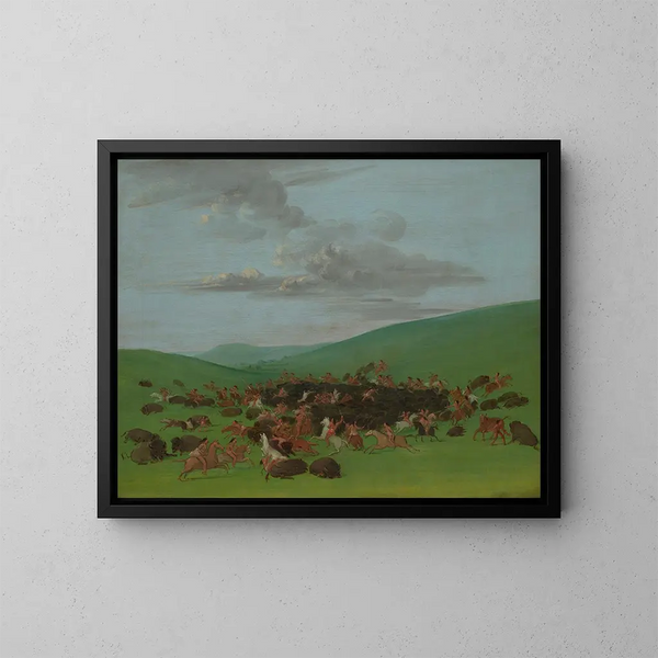 Bisonin metsästys Hidatsan ympäröimänä - George Catlin — kehystetty taideteos seinällä