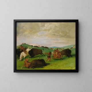 La chasse au buffle: les taureaux en lutte avec les hommes et les chevaux - George Catlin — kehystetty taideteos seinällä
