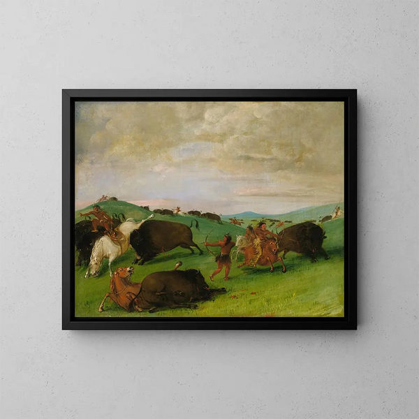La chasse au buffle: les taureaux en lutte avec les hommes et les chevaux - George Catlin — kehystetty taideteos seinällä